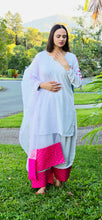 Load image into Gallery viewer, Pure creape Silver Grey and Magenta farshi salwar suit