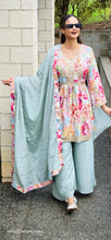 Load image into Gallery viewer, Light blue Peplum style plazo suit