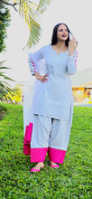 Load image into Gallery viewer, Pure creape Silver Grey and Magenta farshi salwar suit