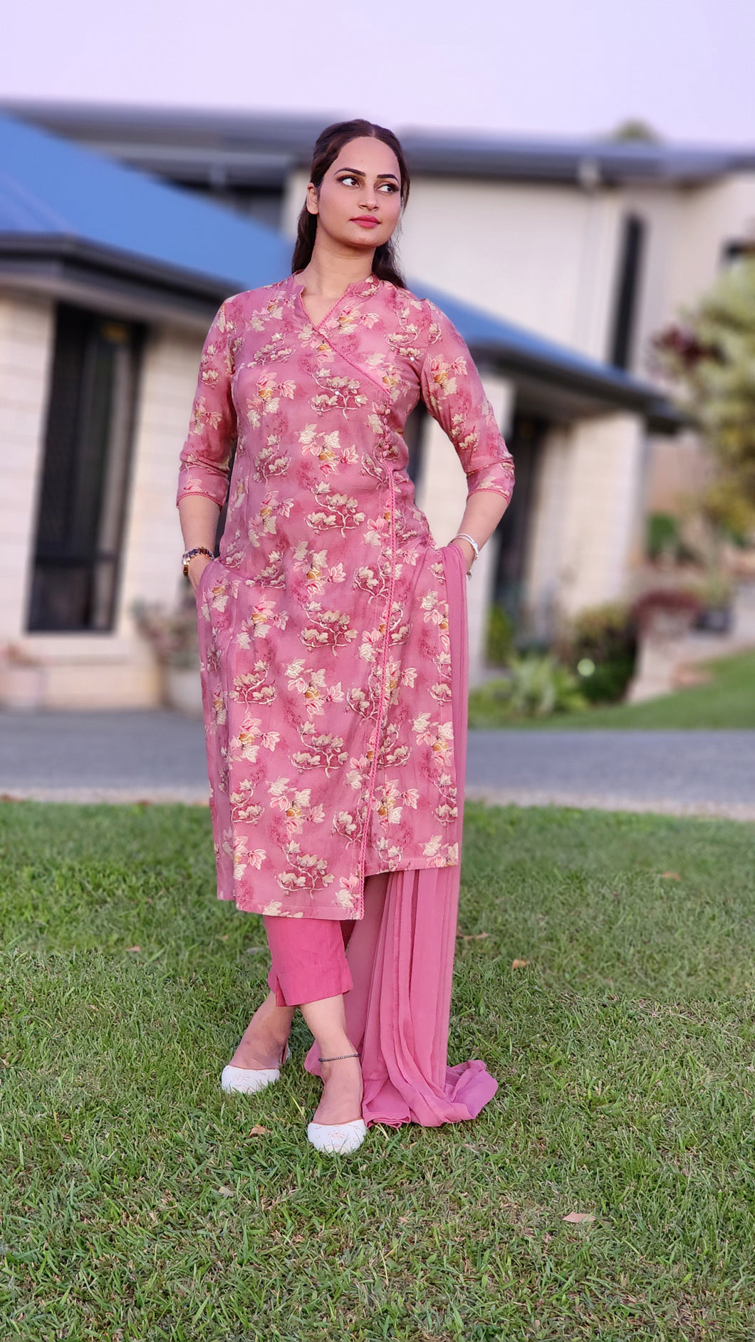 Rose pink angrakha style pant suit