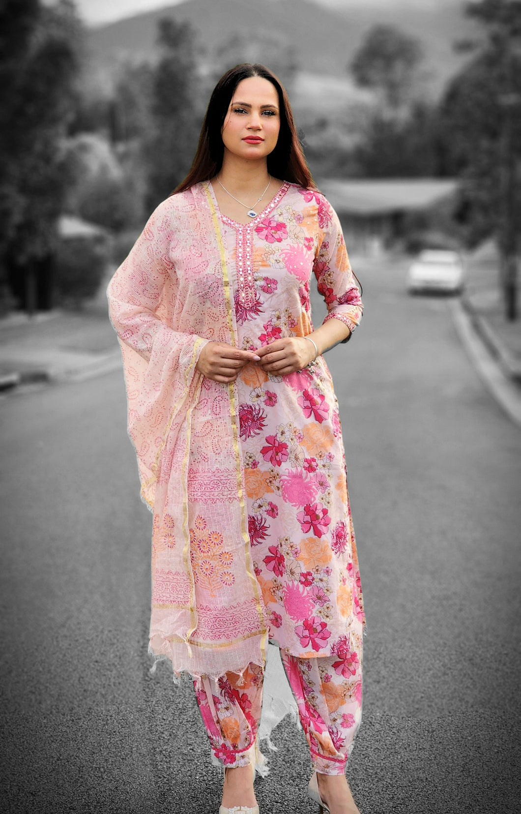 Floral pink Afghani salwar suit