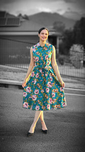 Green floral dress with pocket & detachable sleeves