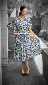 Blue & white leapord print Midi dress