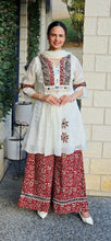 Load image into Gallery viewer, off white with maroon peplum suit
