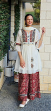 Load image into Gallery viewer, off white with maroon peplum suit
