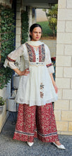 Load image into Gallery viewer, off white with maroon peplum suit
