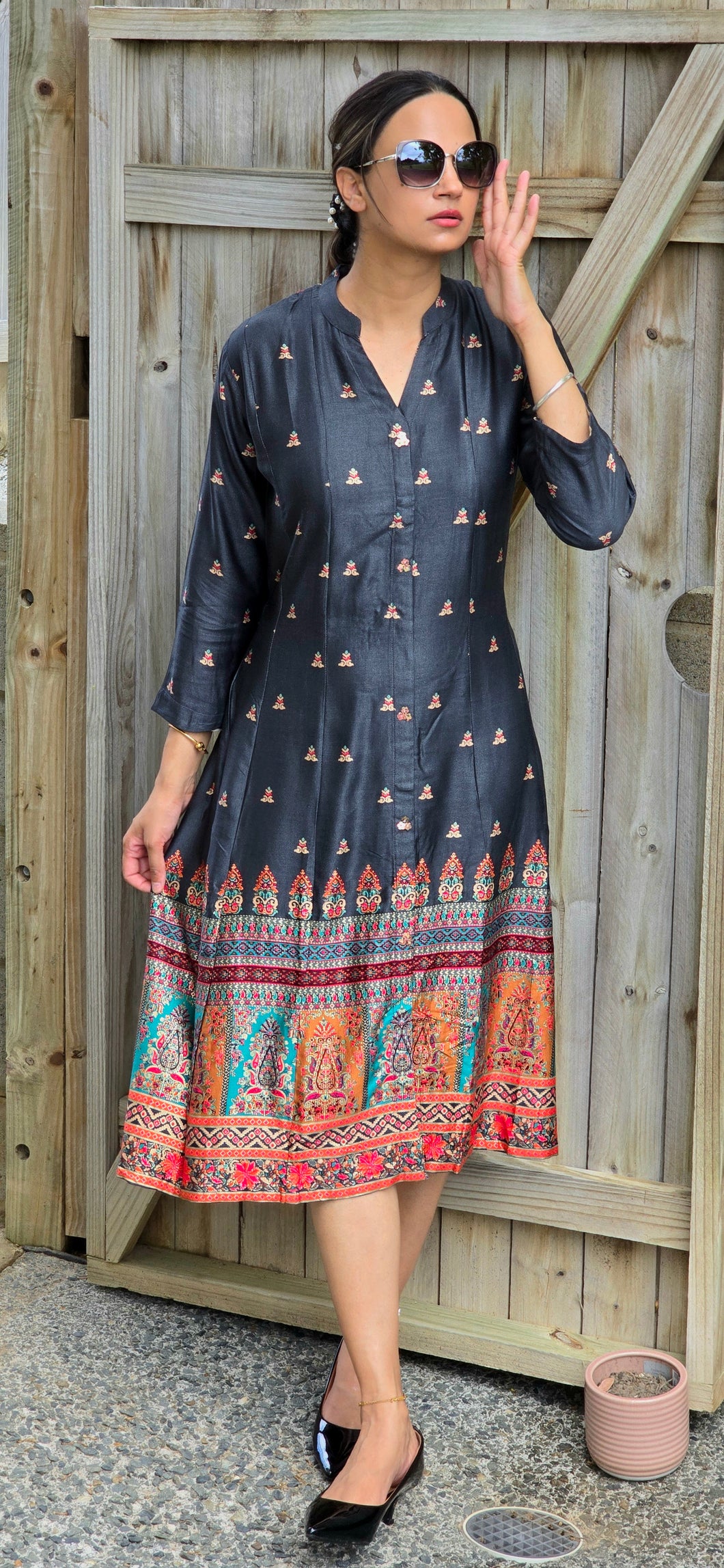 Charcoal grey Gaji silk dress