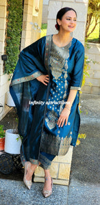 Pure Banarsi Teal blue pant suit