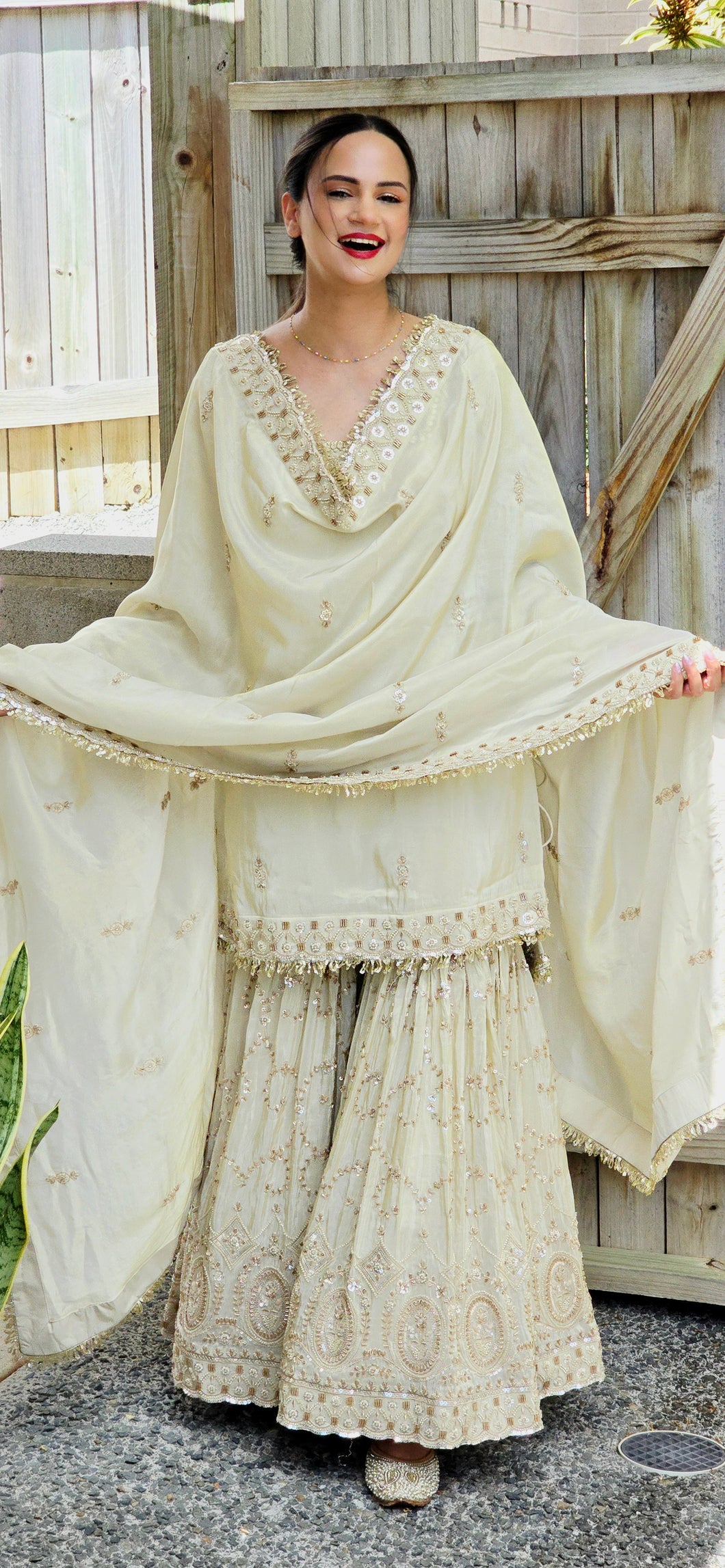 Pale gold pure tissue shimmer heavy gharara suit (taking pre orders)
