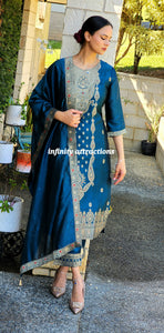 Pure Banarsi Teal blue pant suit