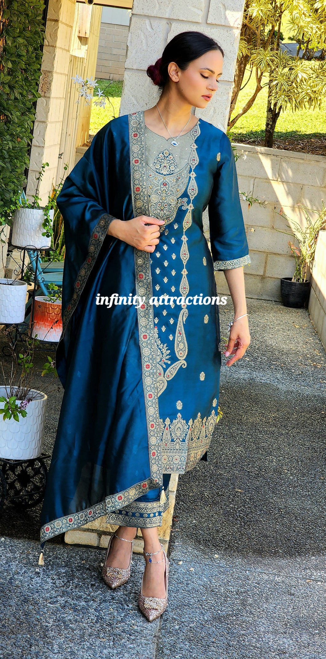 Pure Banarsi Teal blue pant suit