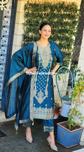 Pure Banarsi Teal blue pant suit