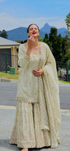 Load image into Gallery viewer, Pale gold pure tissue shimmer heavy gharara suit (taking pre orders)
