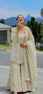 Pale gold pure tissue shimmer heavy gharara suit (taking pre orders)