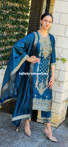 Pure Banarsi Teal blue pant suit