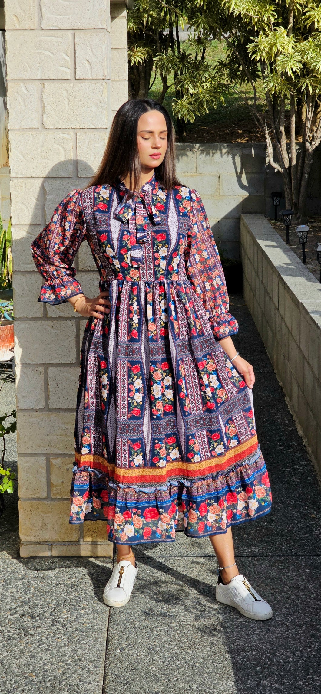 One piece long navy blue dress